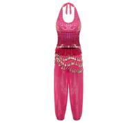 Riismen Costumes Danse Du Ventre En Trois Pièces Pour Femmes Gilet Fringé Haut Et Pantalon Dharem Avec Foulard Hanche Rose Vif S
