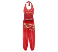 Riismen Costumes Danse Du Ventre En Trois Pièces Pour Femmes Gilet Fringé Haut Et Pantalon Dharem Avec Foulard Hanche Rouge XL
