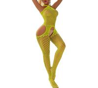 Riismen Dames Body Respirant sans Manches Combinaison Une Pièce Salopette Jumpsuit Bodystocking Ouvert Cut Out Combinaison Intégrale Jaune Fluorescent Taille Unique