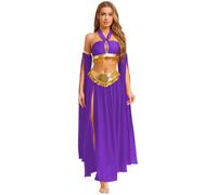 Riismen Dames Costume De Danse Du Ventre À Paillettes Ensemble Costume De Princesse Arabe Haut Crop Top Pailleté Avec Jupe Halloween Cosplay Carnaval Déguisement Violet L