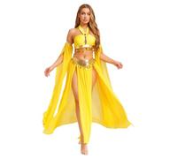 Riismen Dames Costume De Danse Du Ventre À Paillettes Ensemble Costume De Princesse Arabe Haut Crop Top Pailleté Avec Jupe Halloween Cosplay Carnaval Déguisement Jaune L