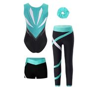 Riismen Ensemble De Tenue De Gymnastique Pour Filles Leotard Sans Manches Pailleté Avec Bandeau Et Short Et Legging Tenue Gym Dos Nu Body Danse D Bleu Vert 9-10 ans