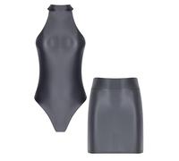 Riismen Femmes Pailleté Huile Corps Avec Fermeture Éclair Et Haute Taille Crayon Jupe Sans Manches Maillot De Bain Club Fête Lingerie De Nuit Gris foncé XL