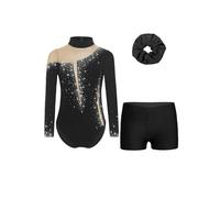 Riismen Fille Justaucorps Gymnastique Manches Longues Ensemble Body Shorts Et Serre-tête Tenue Patinage Artistique Danse B Noir 9-10 ans