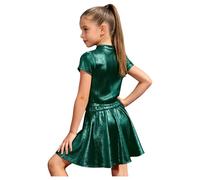 Riismen Filles Blouses Court Métalliques avec Jupe Plissée Brillante Ensemble Tenue Cheer pour La Danse Hip Hop Vert 6-10 Ans