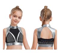 Riismen Gilet Danse Gymnique pour Filles Enfant Crop Top Camisole Danse Ballet Jazz Et Hip Hop pour Les Performances Scène Argent 11-12 Ans