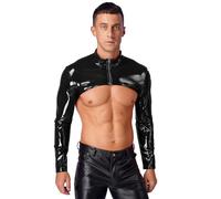 Riismen Hommes Wetlook Crop Top Chemise Manches Longues en Cuir Verni Hauts sans Dos Brillance Harnais De Poitrine Shrug Top Club De Nuit Noir M