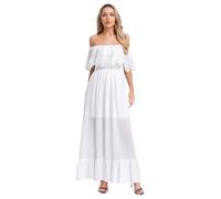 Riismen Robe Mariée Fête Ou Formelle en Chiffon Maxi avec Dentelle Guipure pour Femme Off The Shoulder en Forme A Et Fluide Blanc S