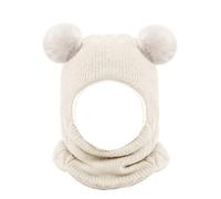 Riisoyu 2 en 1 Bonnet Bebe Fille Garcon Cagoule, Bébé Mignon Cagoule en Peluche Echarpe Enfants Bonnet Echarpe Set en Tricot Cagoule Tricoté Enfant Double Pompon Cagoule Balaclava pour 2-5 Ans, Blanc
