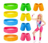Riisoyu Bandeau Fluo Annee 80 Accessoire, 15 Pièces Ensemble de Bandeau de Sport Serre-Poignets Sports Sweatbands Absorbants Année 80 et 90 Rétro pour Carnaval Soirée pour Homme et Femme(5 Couleurs)