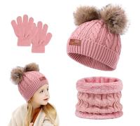 Riisoyu Bonnet Enfant Hiver Tricoté, Tour de Cou Chaud Enfant Gants Hiver Ensemble Set de 3 Pièces Enfant Ensemble Chapeau Hiver Chaud écharpe et Gants Bonnet Pour Garcon Enfants 2 à 8 ans, Rose
