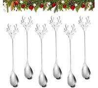 Riisoyu Cuillères à café de Noël, 6 pièces Cuillères en acier inoxydable Cuillère de Noël en Forme D'élan créative Cuillères à mélanger style Noël pour Dessert Décoration Table Fête Cadeau, Argent