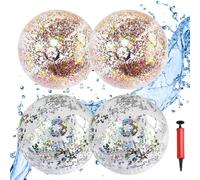 Riisoyu Lot de 4 ballons de plage gonflables transparents - À paillettes - Pour les activités d'été en plein air - Pour la plage, la piscine, les fêtes - Jouet aquatique