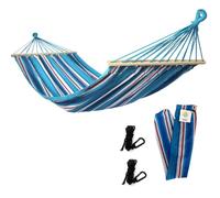 Rijoka Hamac avec barre d'écartement - 200 x 140 cm - Rayures bleues - 1 personne - Avec 2 crochets, corde et sac de rangement