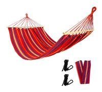 Rijoka Hamac avec barre d'écartement - 200 x 140 cm - Rayures rouges - 1 personne - Avec 2 crochets, corde et sac de rangement