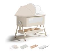 RIKCAT Lit Cododo Bébé 4 en 1 Modifiable en Berceau | Lit Bébé Adjustable 6 Hauteurs (0-3 Ans) avec Matelas, Table à Langer, Filet et Panier de Rangement | Côté Lit Parent (Beige)