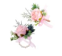 Rikyo Lot de 2 bracelets de corsage au poignet avec roses artificielles roses et boutonnières pour bal de promo et mariage, pétales faits à la main, couronne pour cheveux/chapeau