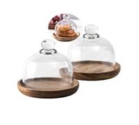 Rikyo Lot de 2 mini supports à gâteau, plateau à gâteau avec dôme, support à gâteau en bois de 10,2 cm avec couvercle en verre de 8,3 cm, assiette de présentation à cupcakes avec couvercle, support à