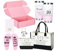 Rilcn Cadeau unique de 50e anniversaire pour femme, sac fourre-tout en toile, gobelet, sac à cosmétiques, chaussettes pelucheuses, carte d'anniversaire et porte-clés pour maman, sœur, épouse