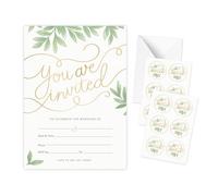 Rileys & Co Lot de 50 invitations de mariage avec enveloppes, autocollants bonus inclus, cartes d'invitation, impression feuille d'or et motif feuille, invitations de mariage 13 x 18 cm