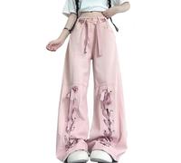 RILGOU Harajuku Y2K Kawaii Gothique Vintage Style Décontracté Taille Haute Droite Jambes Larges Rubans Garniture Rose Denim Pantalon, rose, Taille M