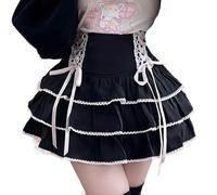 RILGOU Kawaii Gothic Lolita Vintage Casual Zipper Taille Haute Ruban Rose Bordure Dentelle Jupe Volante avec Short en dessous, noir, Taille M