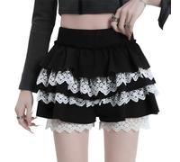 RILGOU Kawaii Lolita Goth Harajuku Style décontracté Taille élastique Mignon Jupe-short en dentelle superposée Jupe à volants, noir, Taille XL