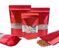 Rimiko 50 Pcs Sachets Alimentaires Debout avec Fenêtre Transparente, Sachet Zip Refermable Aluminium Stand up, Sac Pochette Mylar pour Conservation des Aliments (Rouge,10x15 cm)