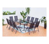 CONCEPT USINE - Salon de Jardin Aluminium - Ensemble Mobilier d'Extérieur : Table Rectangulaire Plateau en Verre + 10 Chaises Pliables et Inclinables - Gris - Design Rimini - Robuste Résiste à l'eau