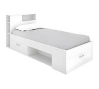 Lit avec tête de lit rangements et tiroir - 90 x 190 cm - Blanc - LEANDRE