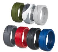 Rinfit - Alliances en silicone pour homme - Lot de 7 anneaux - Vert camouflage, gris clair, gris foncé, rouge, noir, bleu - Design américain - Brevet (taille 12, 4LV7)