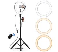 Ring Light avec Trépied, 10 Pouch Professionnels Selfie LED Anneau Lumiere avec Variateur d'intensité 3 Modes d'éclairage 10 Luminosité pour Le Streaming en Direct et la Photographie Vidéo Youtube