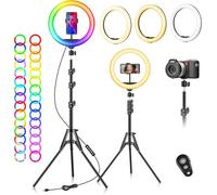 Ring Light avec Trépied Professionnel Selfie - 10"" Anneau Lumineux 40 RVB Mode 13 Niveaux LED Lampe Trepied