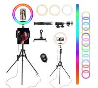 Ring Light avec Trépied Professionnel Selfie, 10" Anneau Lumineux 48 RVB Mode 13 Niveaux LED Lampe Trepied Telephone Grand Red Light sur Pied Lumiere Photo pour Smartphone Video Eclairage