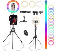 Ring Light with Tripod Professional Selfie,10 Inch Ring Light 48 RGB Mode 13 Levels LED Tripod Lamp Telephone Large Red Light on Stand Photo Light for Smartphone Video Lighting