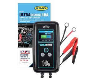 Ring ULTRACHARGE Chargeur de Voiture Intelligent 10 A et mainteneur de Batterie avec Test d'alternateur et Mode d'alimentation - Compatible avec Batteries Lithium-ION, Plomb-Acide, Gel, EFB et AGM