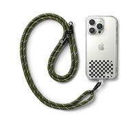Ringke Holder Link Strap Cordon Bandoulière Téléphone Portable avec Étiquette en TPU Cordon Accessoires Réglable en Corde de Polyester - Checkerboard Black Tag (Khaki/White)