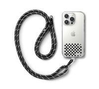 Ringke Holder Link Strap Cordon Bandoulière Téléphone Portable avec Étiquette en TPU Cordon Accessoires Réglable en Corde de Polyester - Checkerboard Black Tag (Black/White)