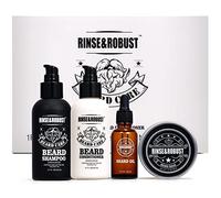 Rinse & Robust Kit d'entretien de la barbe pour homme - Avec baume à barbe, huile à barbe, shampoing et après-shampoing à barbe - Cadeau d'entretien de barbe pour homme - Bois de santal