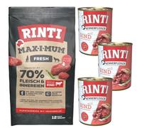 RINTI MAX-I-MUM Beef avec de la viande de bœuf 12 kg + Kennerfleisch Beef nourriture humide avec du bœuf 3x400 g
