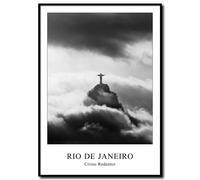 Rio de Janeiro Cristo Redentor - Tableau mural avec cadre noir - Motif ville - Brésil - Statue d'ambiance - Idée cadeau - Salon de bureau - Blanc noir et blanc - 50 x 70 cm