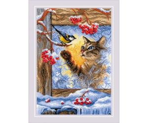 RIOLIS 2049 Rencontre à la fenêtre Kit Point de Croix Compté 21 x 30 cm | Chat motif, 14 pts blanc Zweigart Aida, 25 laine/acrylique couleurs, niveau intermédiaire, grille et aiguille incluses