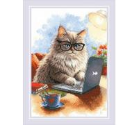 RIOLIS 2263 L'Écrivain de Miaoumoires Kit de Point de Croix Compté | Chat motif, 14 pts blanc Zweigart Aida, 30 laine/acrylique couleurs, niveau intermédiaire, grille et aiguille incluses