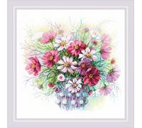 RIOLIS - Aquarelle Cosmos 2228, kits de point de croix floral de 39,9 x 39,9 cm, kits de point de croix pour débutants et avancés, kits de point de croix pour adultes, kits de point de croix comptés,