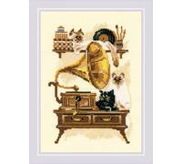 RIOLIS Kit Point de Croix Motif Chat avec Gramaphone, Multicolore