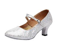riou Chaussures de danse à paillettes pour femme Talon fin de danse de pratique professionnelle Talon professionnel de danse pratique de la performance de la salsa de fête, blanc, 35 EU