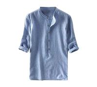 riou Chemise en Lin Manches Courtes pour Hommes Originaux Robe Lâche Chemisier T-shirt de Plage Décontracté avec Boutons Haut Léger et Respirant Henley Chemises Cadeau Original S-3XL, bleu clair, 3XL