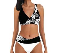 riou Maillot de bain bikini pour femme 2025 Sexy Patchwork Réglable Élégant Halter Bretelles Trikini Sport Maillot de bain de piscine Col en V Push Up Bra Tops et culottes Beachwear Vacances SPA,