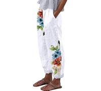 riou Pantalon d'été frais pour femme grande taille en lin de coton taille haute jambe large ample Pantalon long léger Pantalon de survêtement doux et confortable Danse Pilates Yoga Pantalon, XL