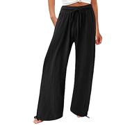 riou Pantalon d'été large pour femme en coton taille haute élastique confortable doux et confortable, 2 - Noir, L